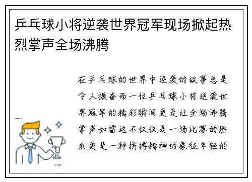 乒乓球小将逆袭世界冠军现场掀起热烈掌声全场沸腾